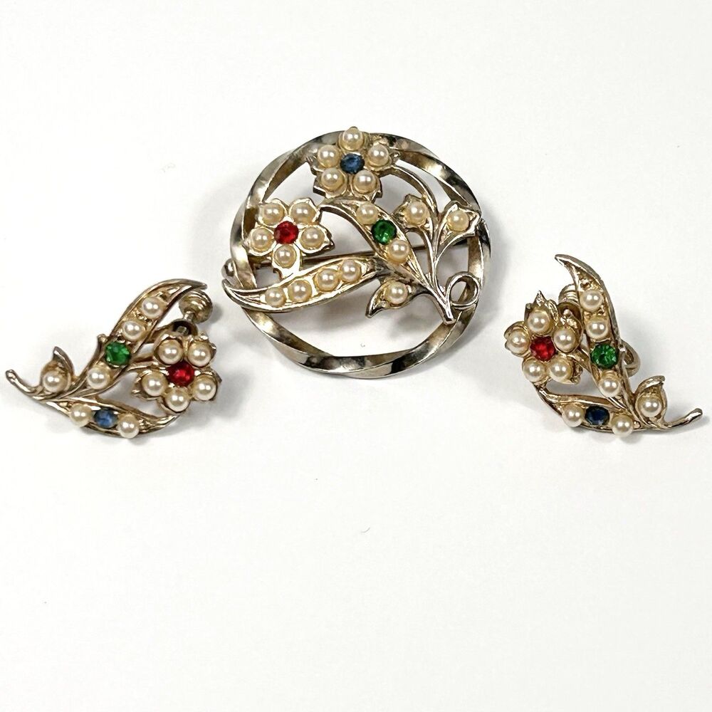 Vintage Floral Brooch & Screw Back Earrings Set Faux Pearl & Rhinestones